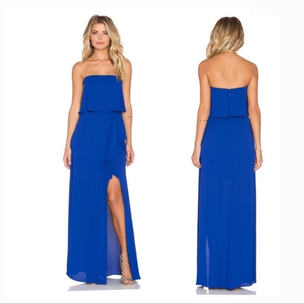 BCBG wedding guest dress royal blue strapless chiffon